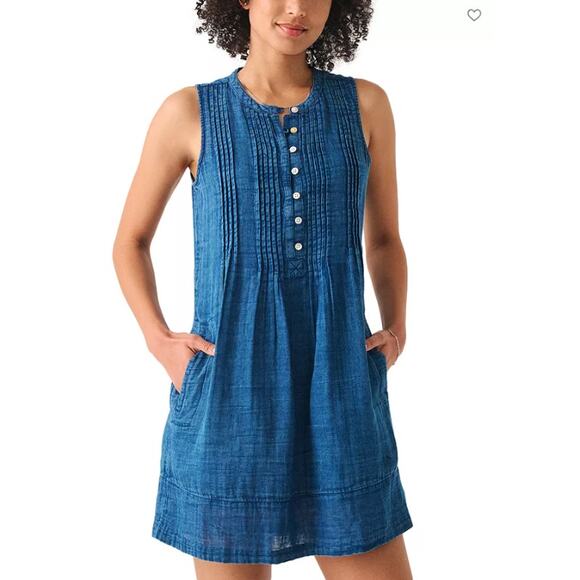 Faherty Women's SZ M 100% Organic Cotton Isha Linen Mini Dress In Indigo Pockets - Picture 2 of 8